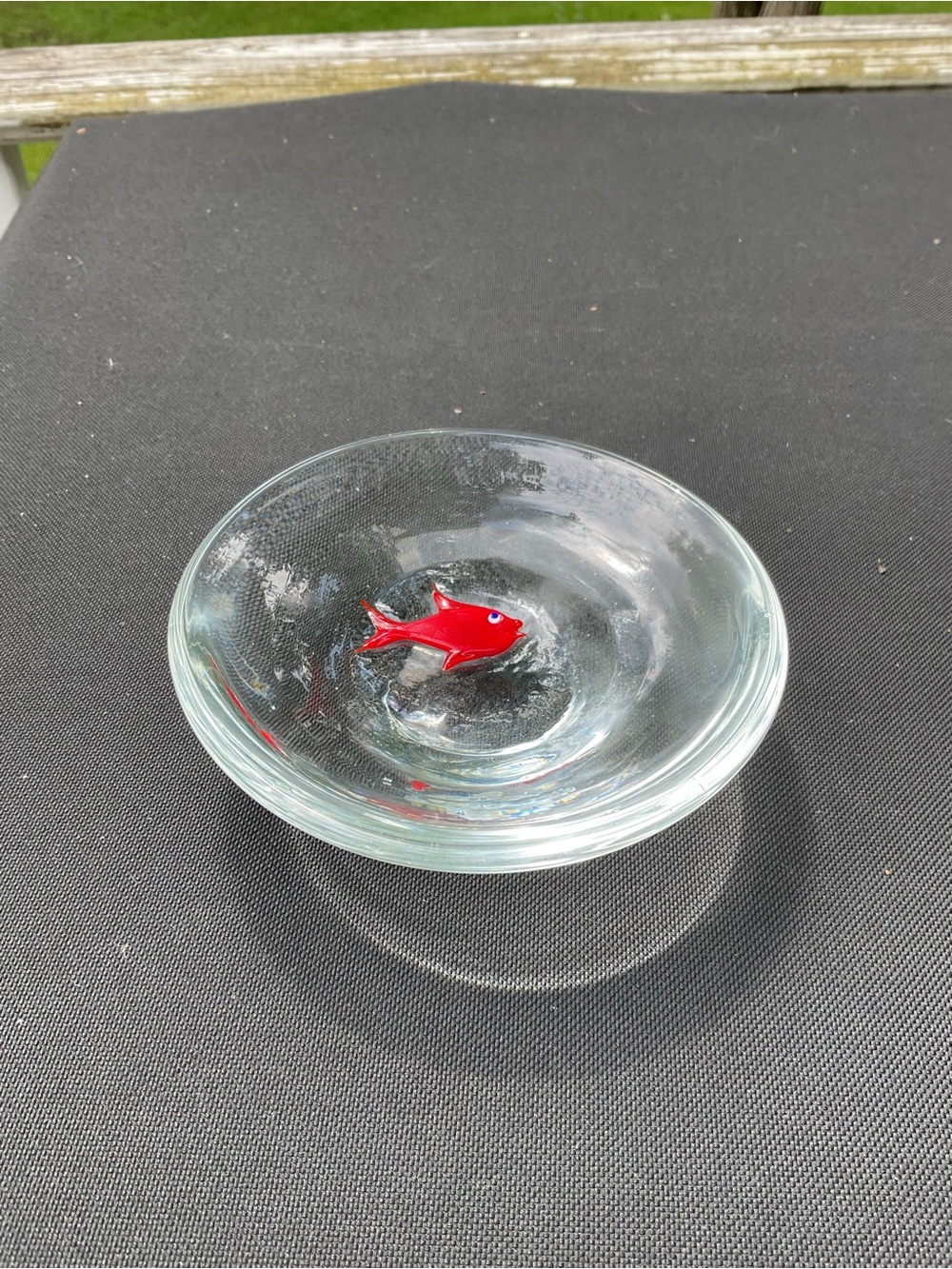 Clear glass with red fish trinket dish 4.5” round